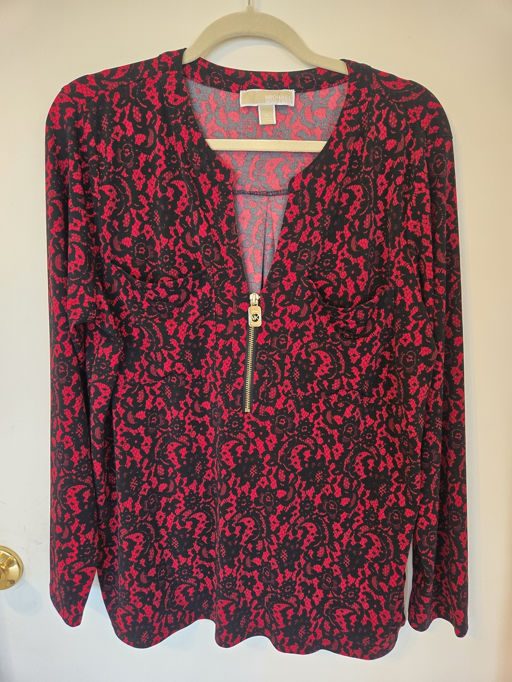 Michael Kors Red and Black Floral Zip-Front Long Sleeve Top